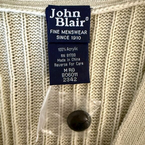 Vintage John Blair Button-Up V-Neck Cable Knit Sweater Vest Cream Men's Medium - Picture 7 of 9